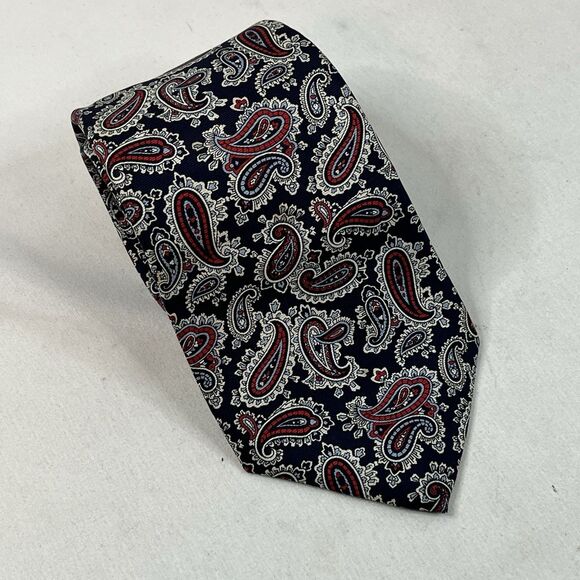 BALENCIAGA PARIS Neck Tie Red Beige Blue Paisley Silk 58" USA Made Vintage - Picture 1 of 7